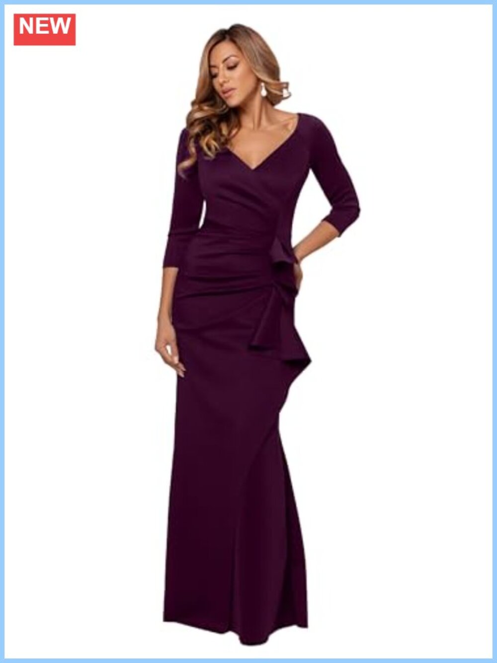 Floor Length V-Neck Bodycon Evening Gown 3/4 Sleeves Ruffle Formal Dress